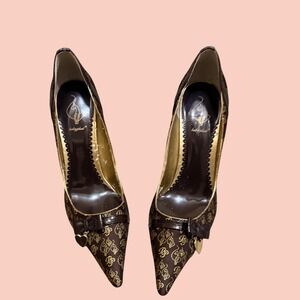 Baby Phat Y2K Brown Gold Monogram Pointed Toe Pumps Stiletto Heels Size 8.5B